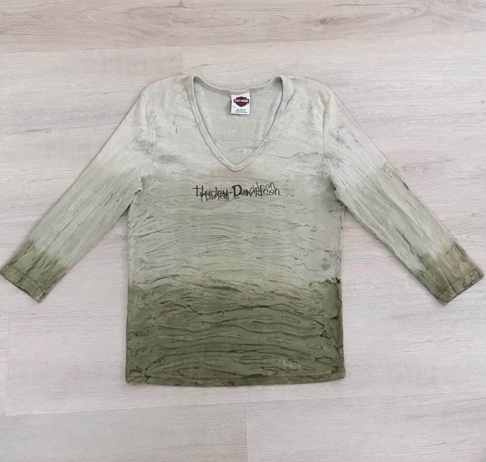 Harley-Davidson 3/4 Sleeve Shirt Size XL Green Acid Wash Lake Erie Avon Ohio